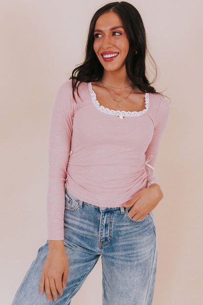Light Pink Lace Trim Square Neck Ribbon Bow Ruched Cropped Top