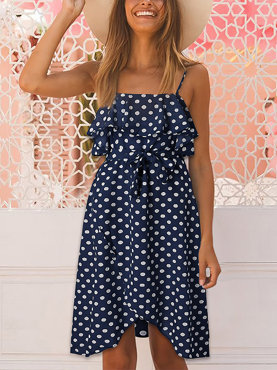 Mini Dresses - Strap Ruffle Trim Polka Dot Mini Dress - MsDressly