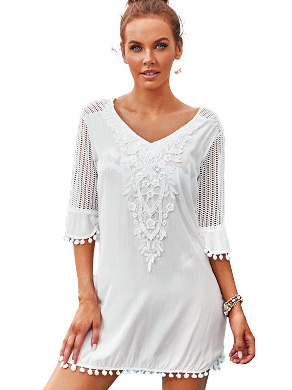 White Crochet Pom Pom Trim Beach Tunic Shift Dress