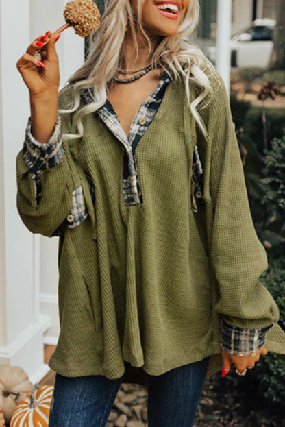 Green Plaid Patchwork Waffle Knit Henley Hoodie with Oversized Fit