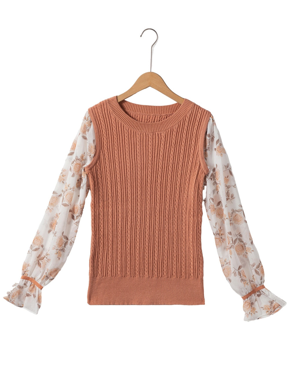 Golden Floral Patchwork Ruffled Cuff Cable Knit Sweater with Elegant Southern Belle Style