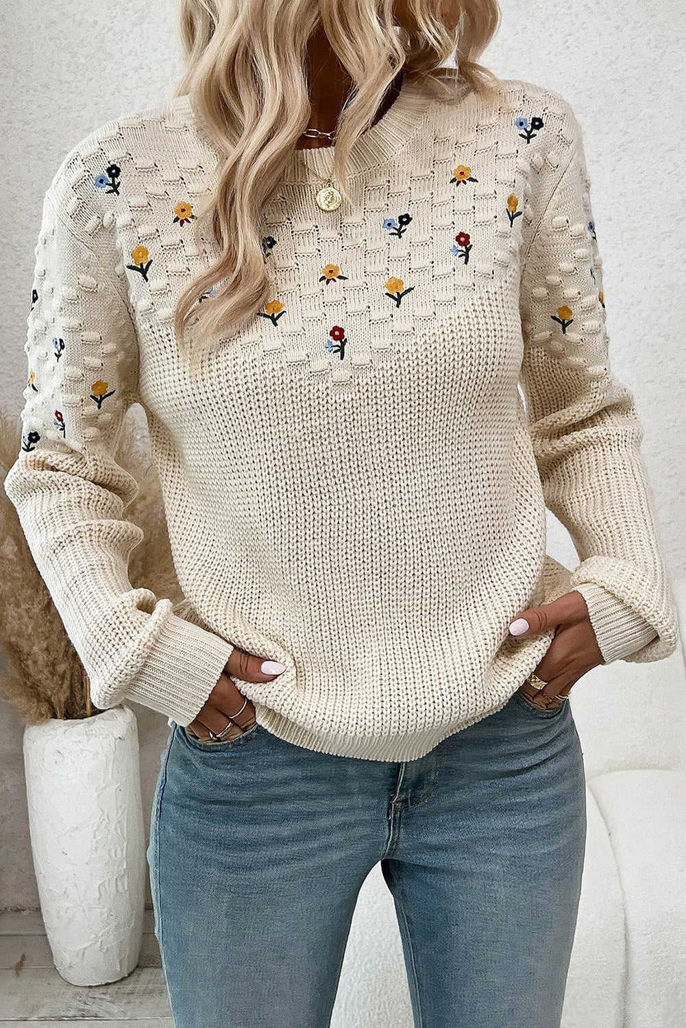 Jet Stream Mixed Texture Knit Flower Embroidered Detail Casual Sweater