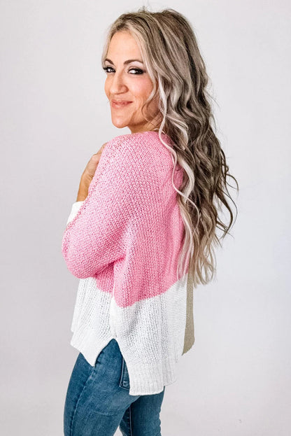 Pink Color Block Knit V Neck Loose Sweater