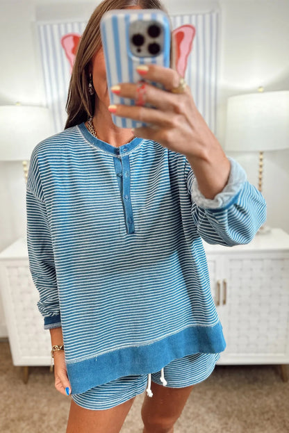 Blue Stripe Seam Detail Button Neck Loose Pullover Drawstring Short Set
