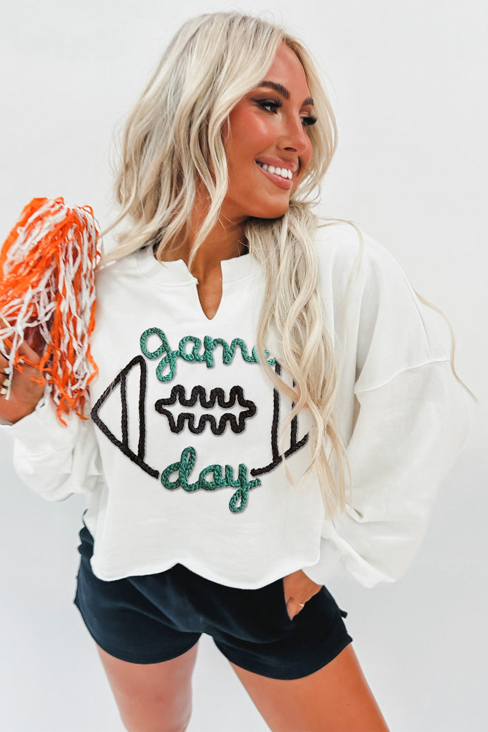 White game day Rugby/Pumpkin/Christmas Tree Corded Graphic Notched Neck Sweatshirt