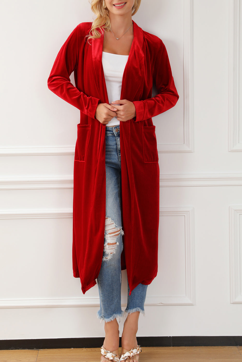 Fiery Crimson Velvet Open Front Long Duster with Pockets