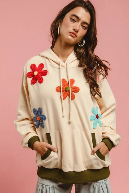 Beige Flower Patched Contrast Trim Pullover Hoodie
