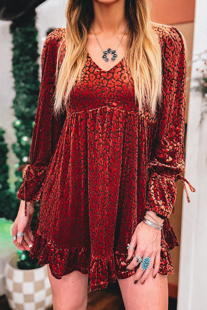 Fiery Red Leopard Velvet Tie Flounce Sleeve V Neck Mini Dress