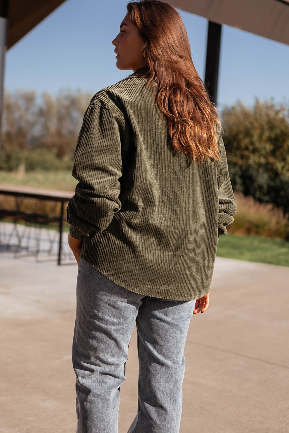 Moss Green Solid Color Button Flap Pocket Corduroy Shacket