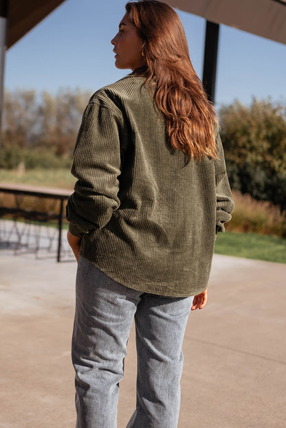 Moss Green Solid Color Button Flap Pocket Corduroy Shacket
