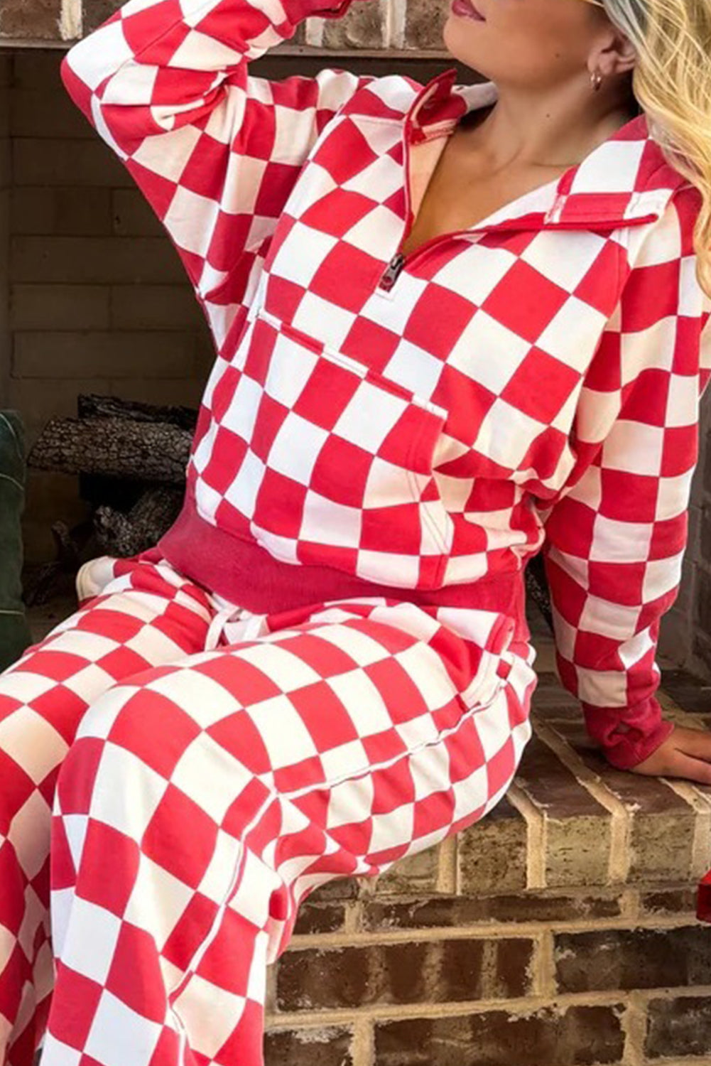 Rose Checkered Print Half Zip Hoodie