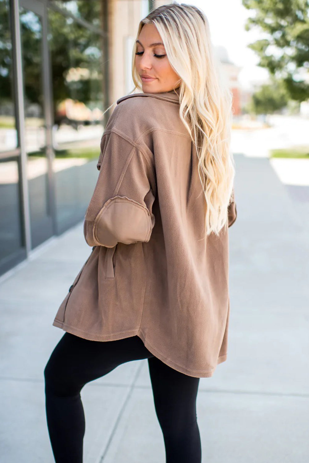 Dark Khaki Solid Color Exposed Seam Patchwork Button Down Fleece Shacket