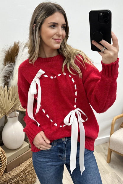 Racing Red Ribbon Bow Knot Heart Stitch Drop Shoulder Sweater