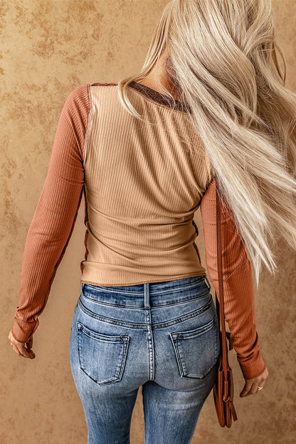 Knit Top with Exposed Seam Detail in Brown Color Block