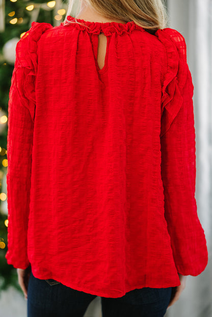 Fiery Red Solid Color Textured Ruffled Detail Long Sleeve Blouse