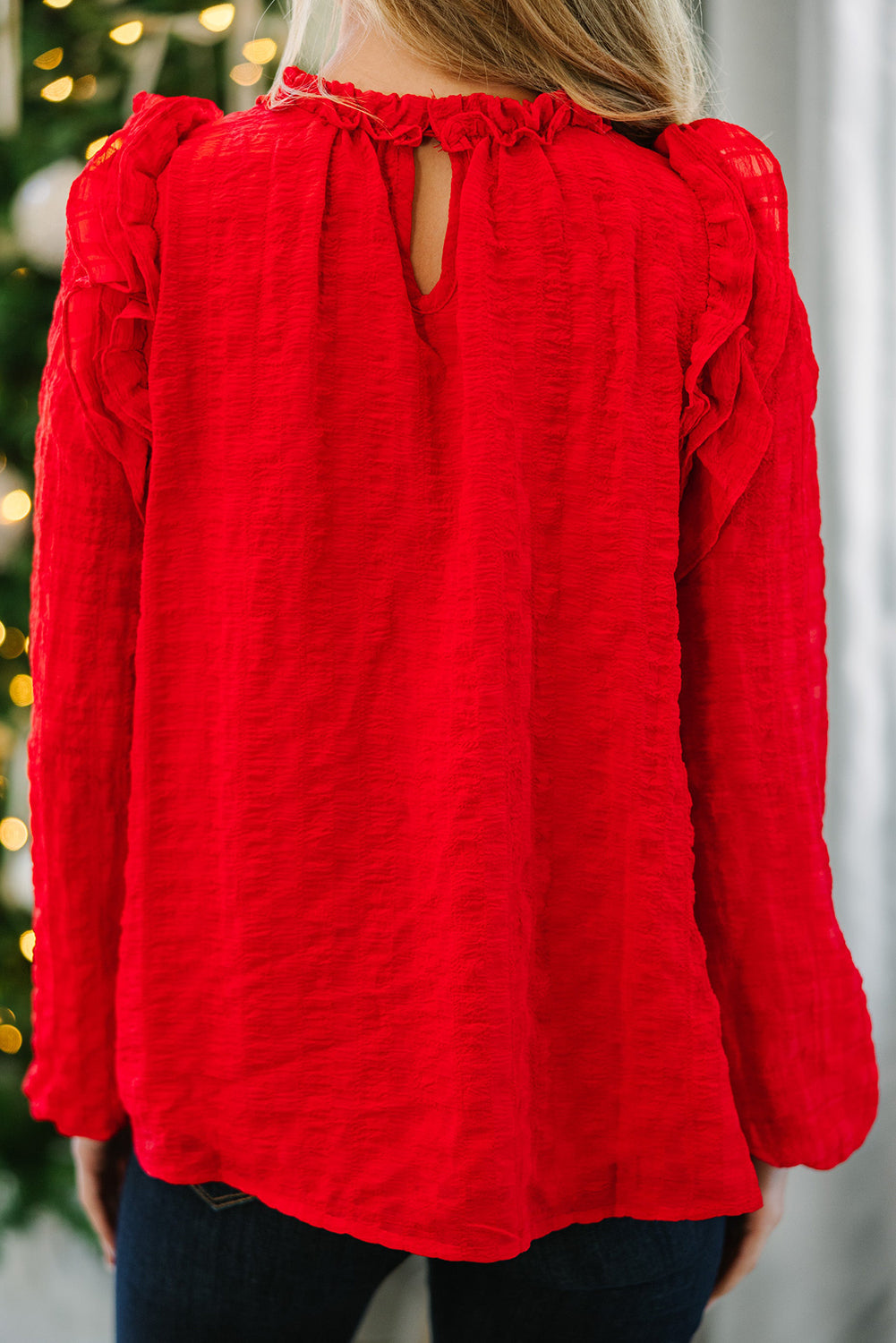 Fiery Red Solid Color Textured Ruffled Detail Long Sleeve Blouse