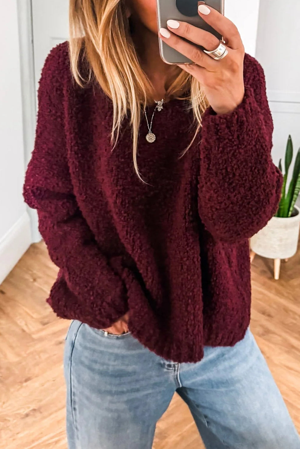 Burgundy Round Neck Fuzzy Knit Drop Shoulder Loose Sweater