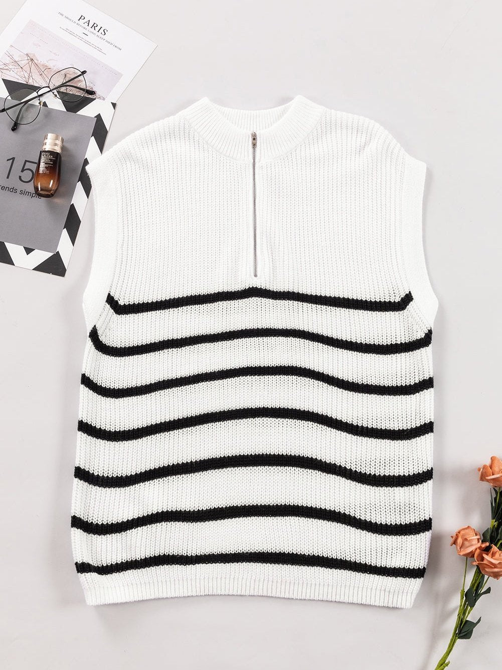 Elegant White Striped Half Zip Stand Neck Sweater Tee