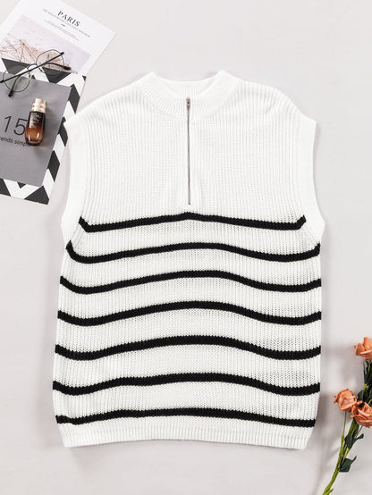 Elegant White Striped Half Zip Stand Neck Sweater Tee