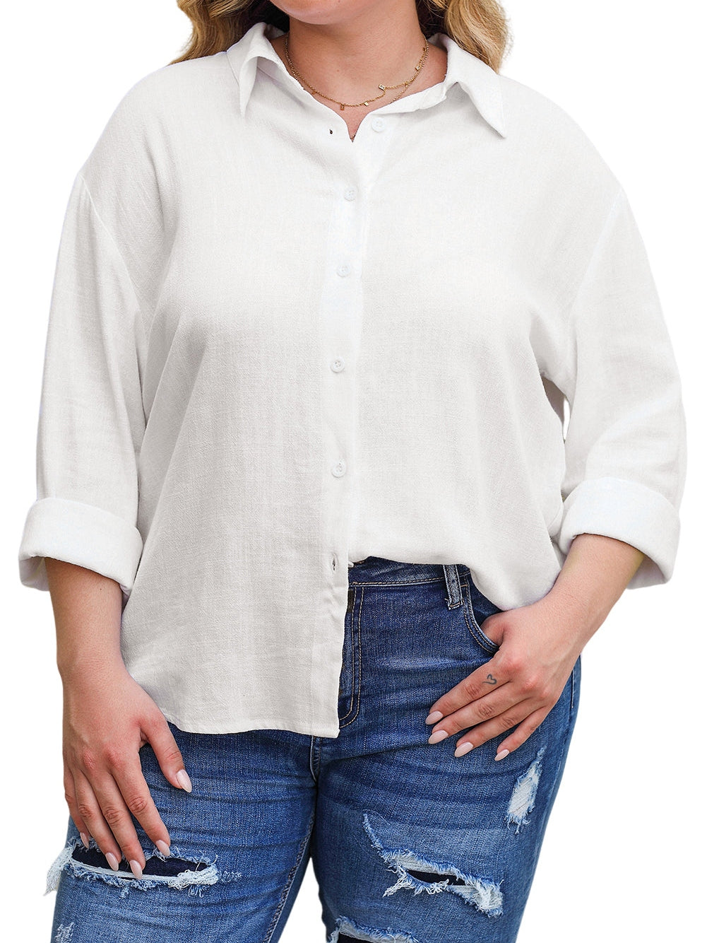 White Plus Size Linen Textured Button Up Shirt