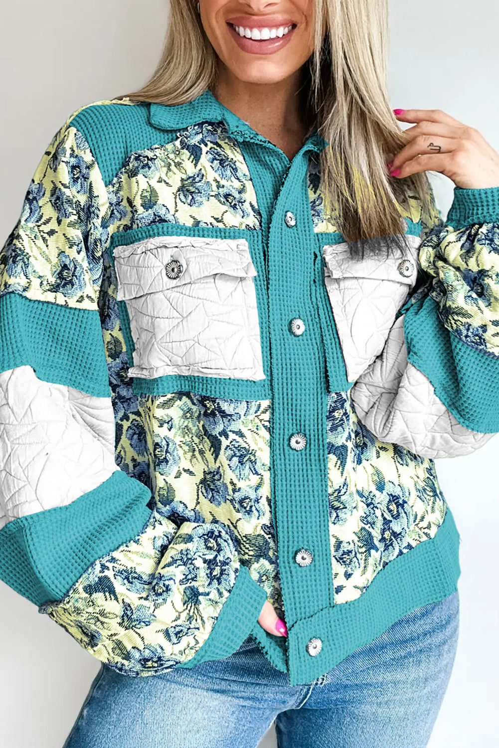 Sky Blue Waffle Floral Mix Texture Color Block Patchwork Loose Shacket