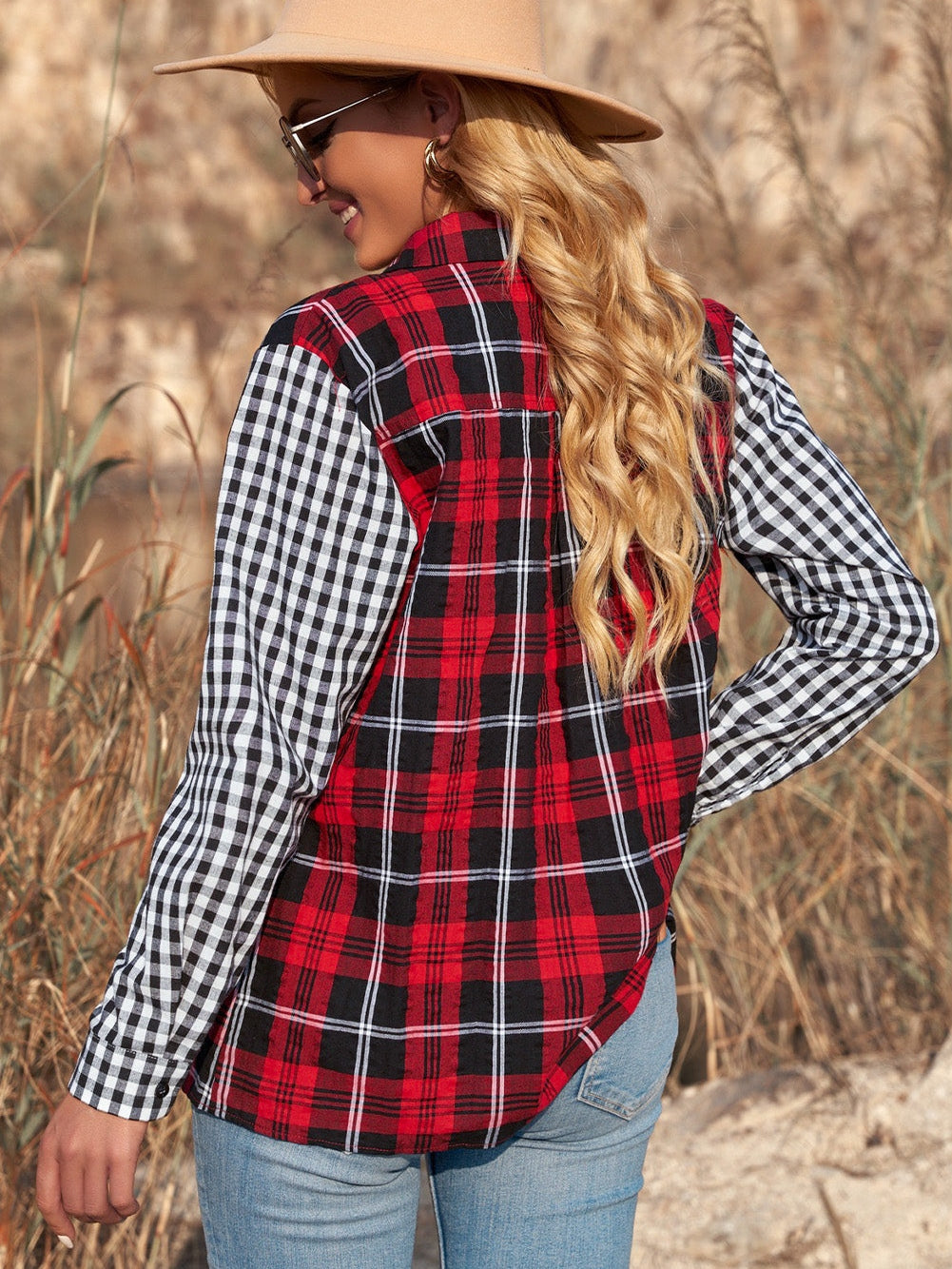 Fiery Red Buffalo Plaid Long Sleeve Shirt with Colorful Pockets