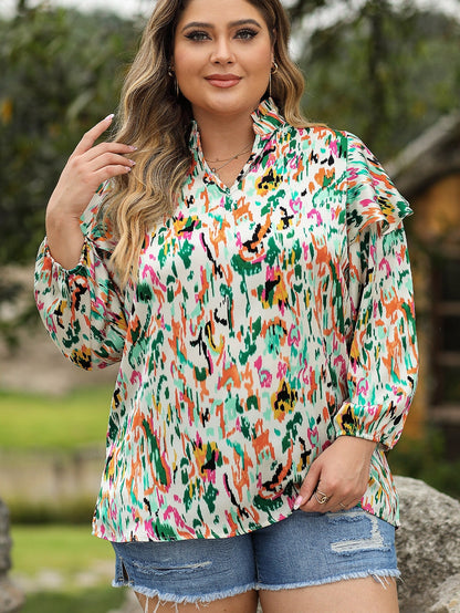 Colorful Abstract Printed Flowy V-Neck Plus Size Top
