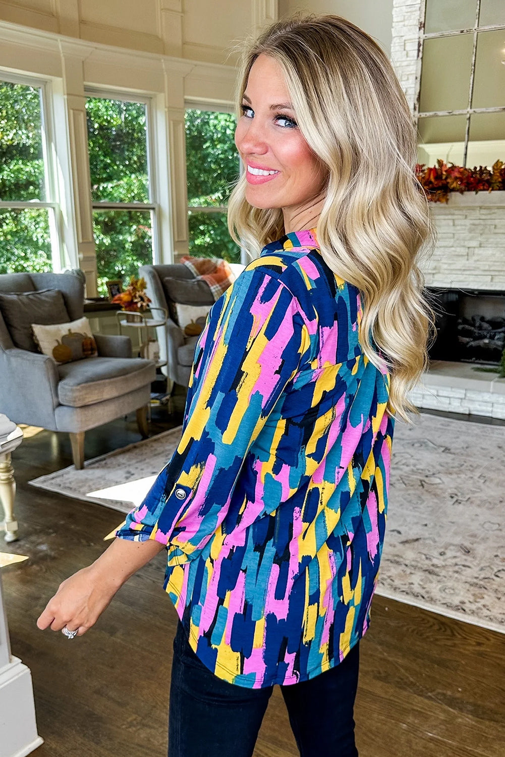 Blue Plus Size Brushstroke Print 3/4 Sleeve Blouse