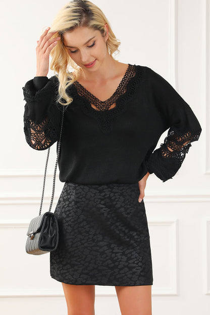 Elegant Black Lace V-Neck Knit Sweater with Hollow Details