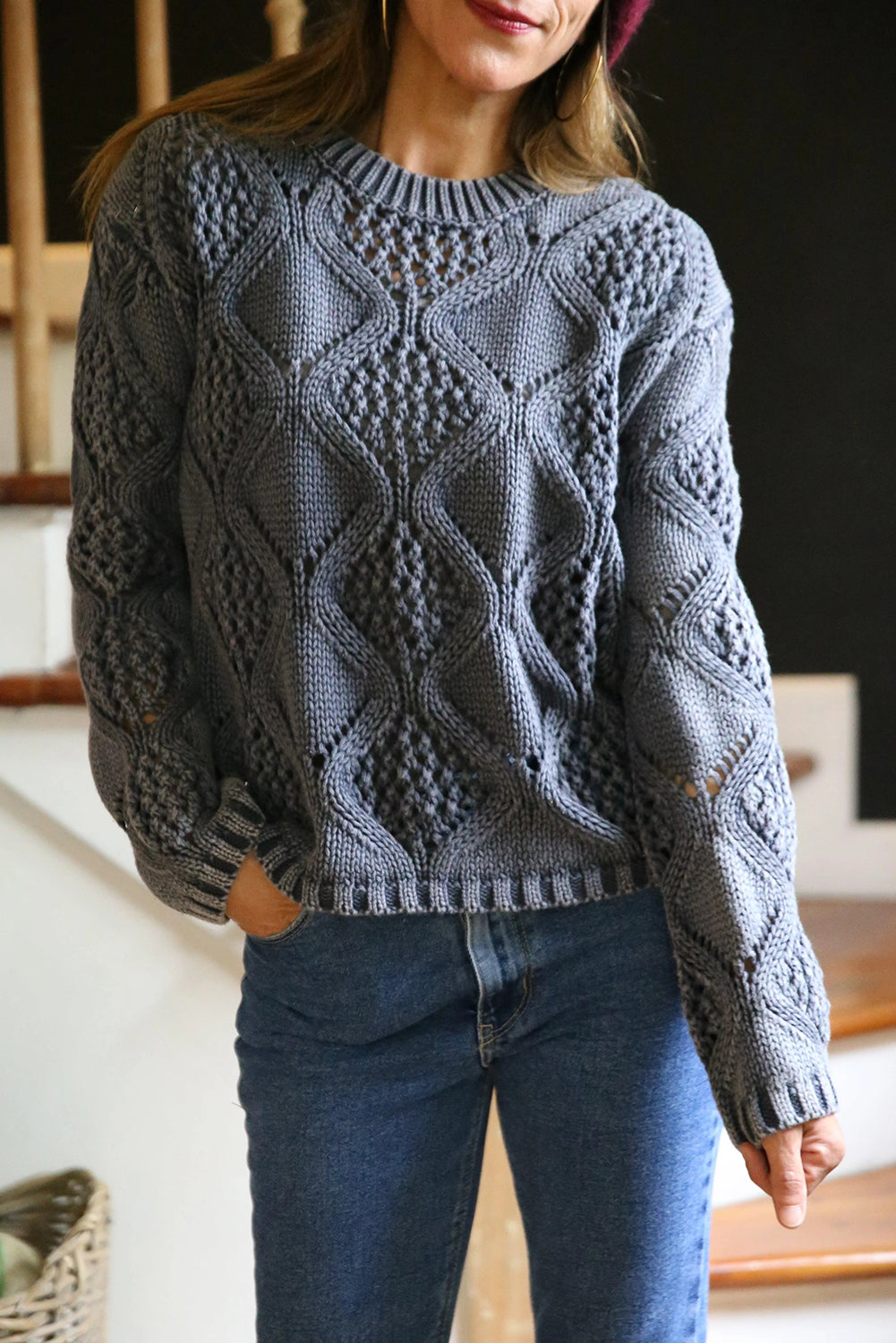 Wild Wind Hollowed Texture Geometric Knit Pullover Sweater