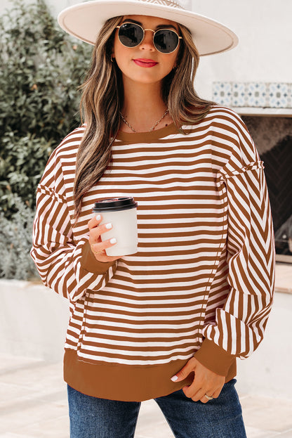 Brown Stripe Exposed Seam Drop Shoulder Casual Pullover Top