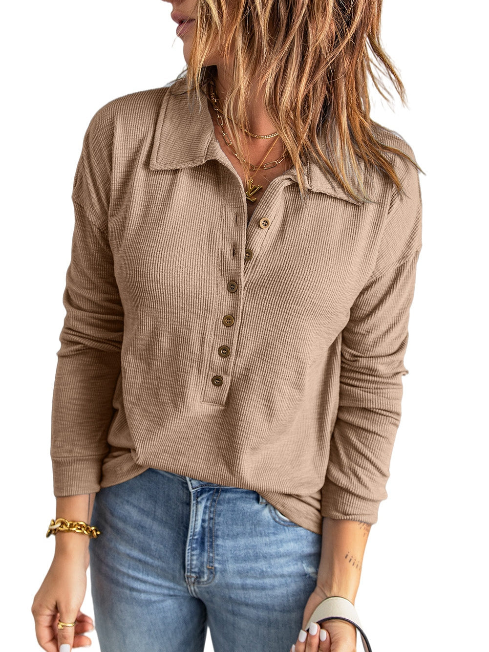 Elegant Khaki Knit Top with Chic Turn-down Neck