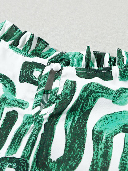 Green Floral Embroidered Puff Sleeve Frilled Neck Shift Top