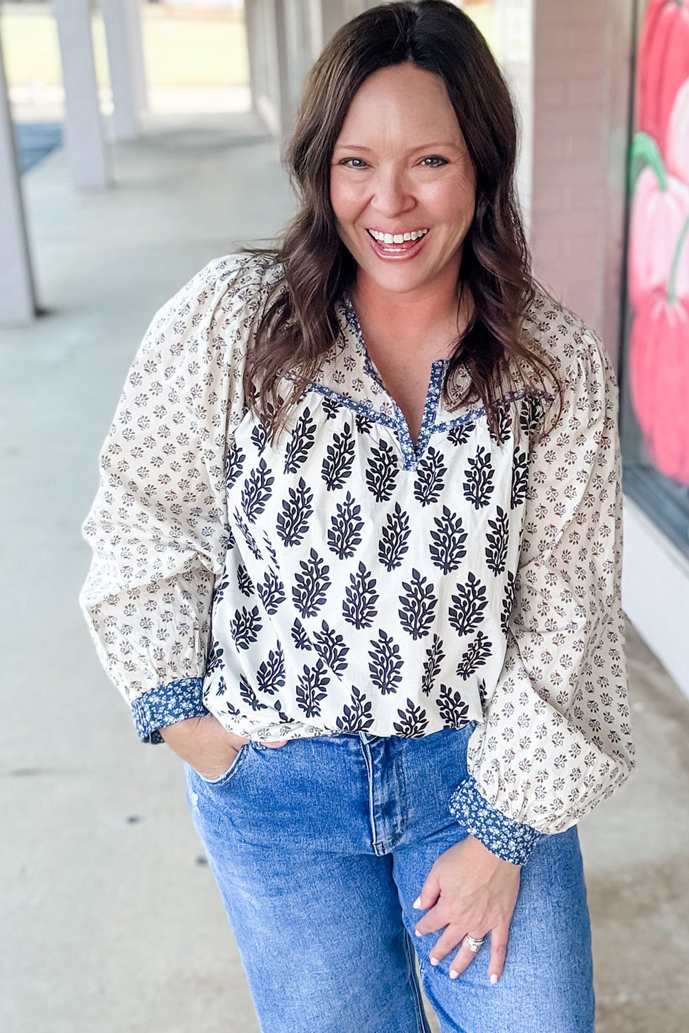 White Plus Size Boho Floral Print Contrast Trim Split Neck Long Sleeve Patchwork Blouse