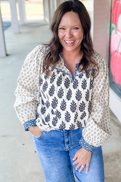 White Plus Size Boho Floral Print Contrast Trim Split Neck Long Sleeve Patchwork Blouse