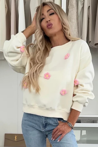 Beige Flower Crochet Drop Shoulder Pullover Sweatshirt