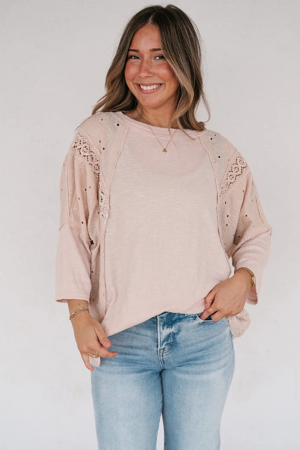 Apricot Pink Floral Lace Eyelet Patchwork Bracelet Sleeve T Shirt