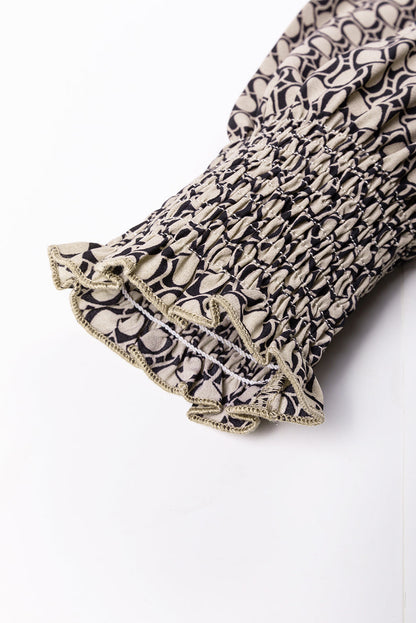 Frenchy Frill V-Neck Printed Shift Blouse in Light Beige