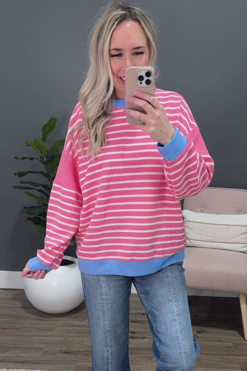 Rose Stripe Contrast Trim Colorblock Patchwork Drop Shoulder Knit Top