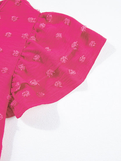 Strawberry Pink Jacquard Ruffle Sleeve Plus Size Mini Dress