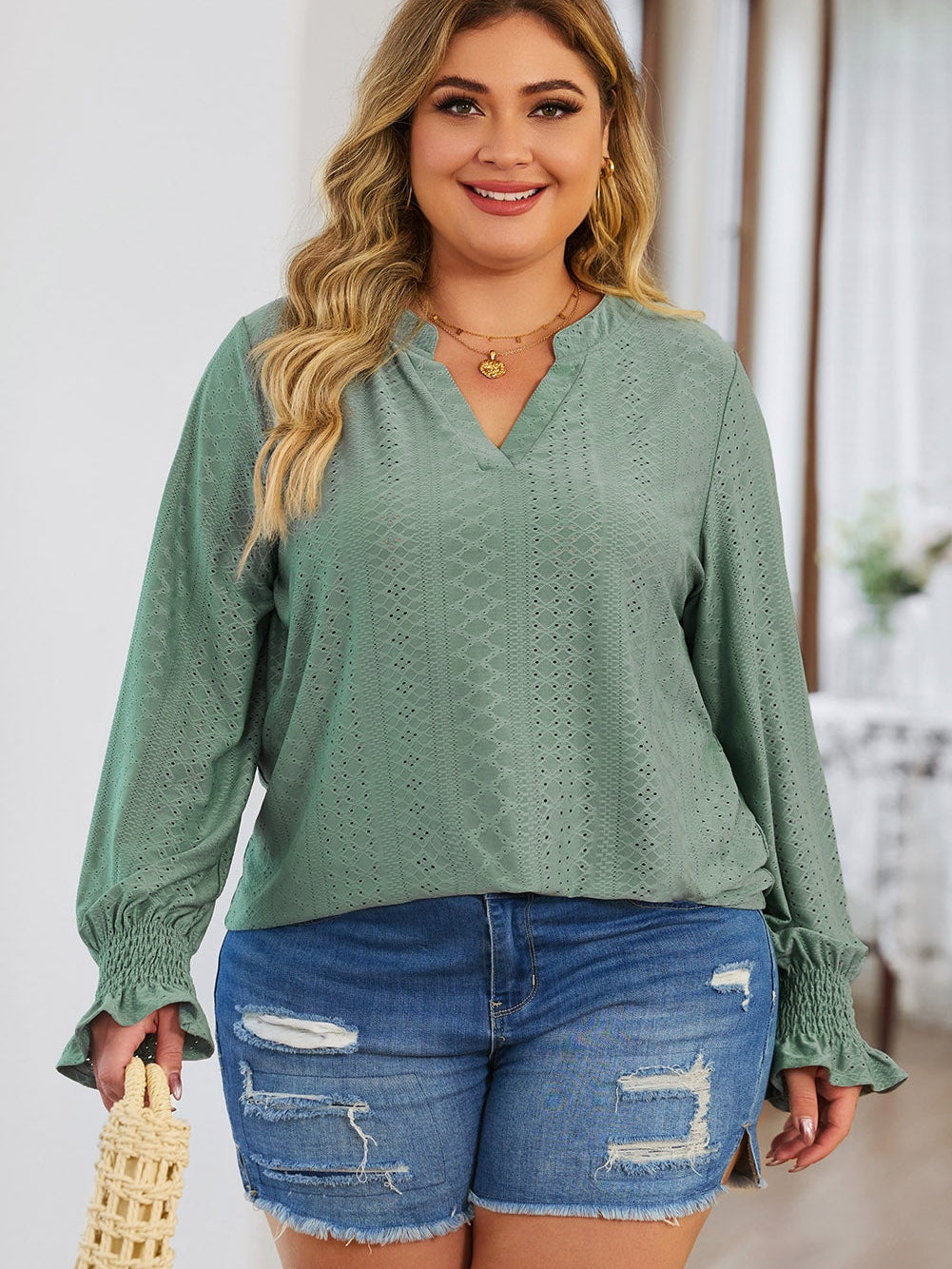 Green Eyelet Jacquard Split Neck Flounce Sleeve Plus Size Blouse