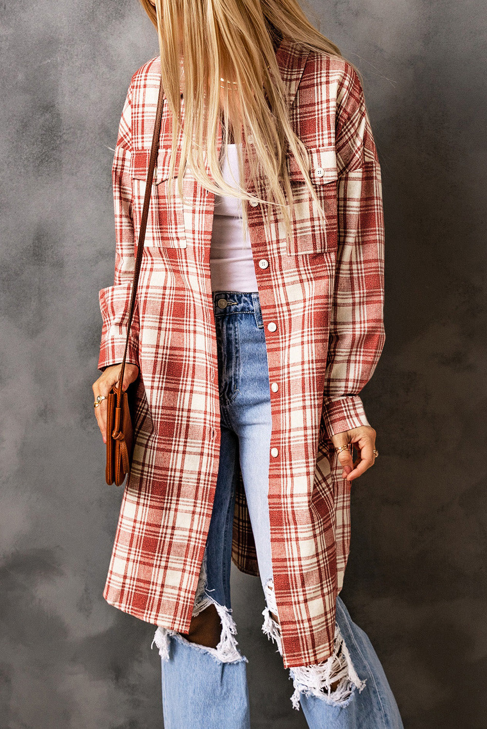 Fiery Red Plaid Print Longline Button-Up Jacket