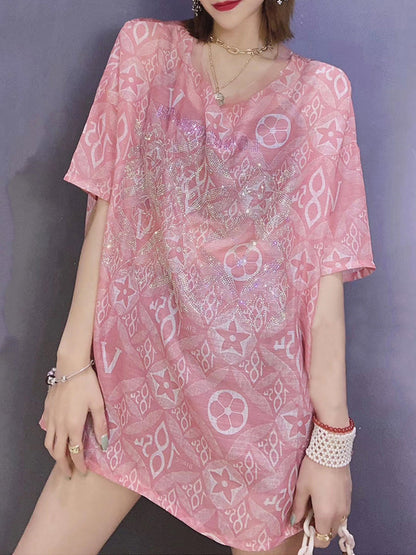 Short-Sleeved Print Hot Diamond Loose T-Shirt