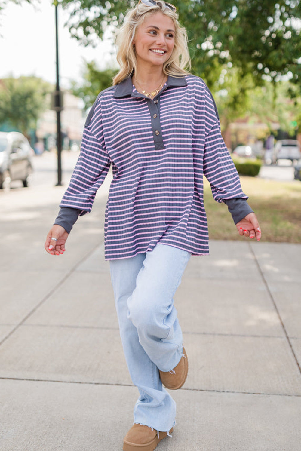 Gray Stripe Ribbed Texture Contrast Polo Collar Long Sleeve Top