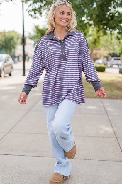Gray Stripe Ribbed Texture Contrast Polo Collar Long Sleeve Top