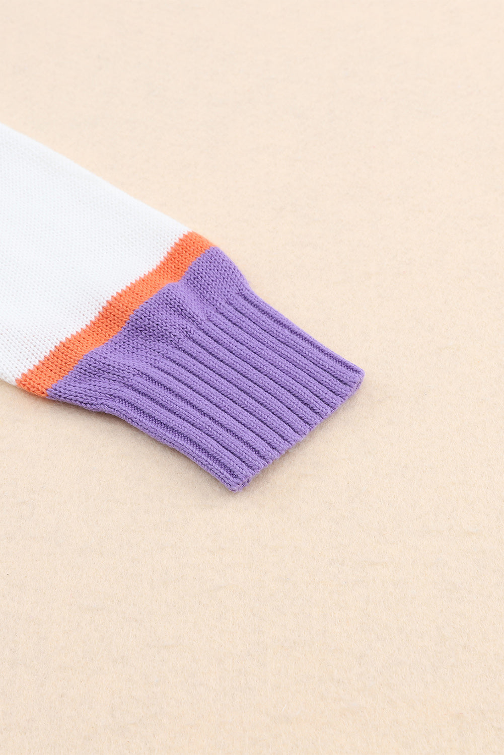 Beige Button-Up Striped Cardigan with Ribbed Trim and Long Sleeves