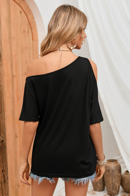 Asymmetric Neck Loose Fit Black T-Shirt with Cut Out Detail