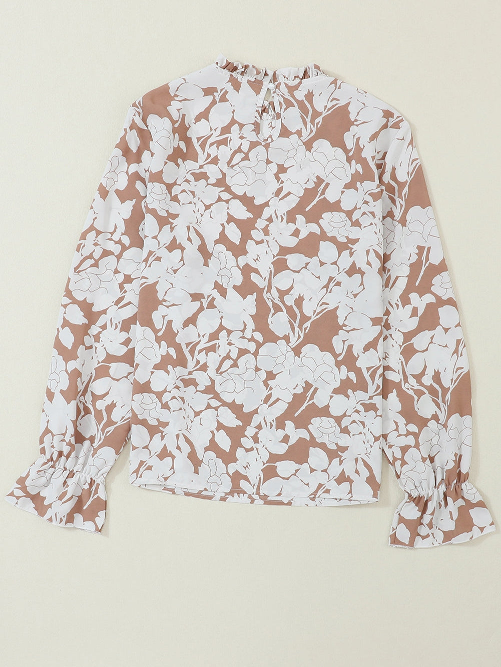 French Beige Floral Print Ruffle Neckline Flounce Sleeve Top