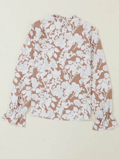 French Beige Floral Print Ruffle Neckline Flounce Sleeve Top
