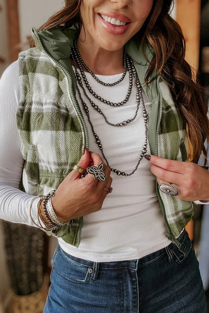 Laurel Green Inner Plaid Contrasted Zip Up Puffer Vest